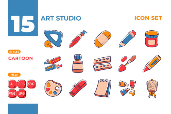 Art Studio Icon Set Cartoon Style 01