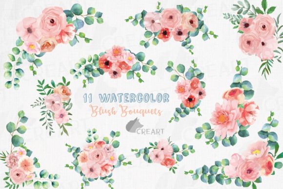 Blush Pink Floral Eucalyptus Bouquets: Graphics & Print Templates