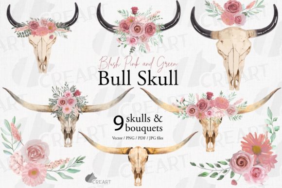 Bull Skull Blush Pink Floral Bouquets: Graphics & Print Templates