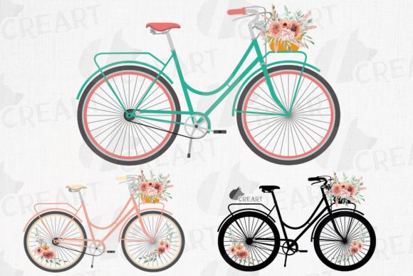 Coral and Blush Floral Bicycles Clip Art: Graphics for Print Templates