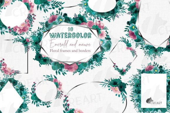 Emerald Green Mauve Floral Frames Art: Graphics & Print Templates