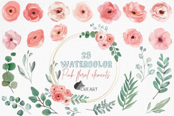 Pink Flowers and Green Branches Clip Art: Graphics for Print Templates
