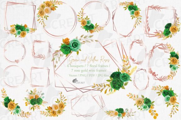 Rose Gold Frames, Green Yellow Roses: Graphics & Print Templates