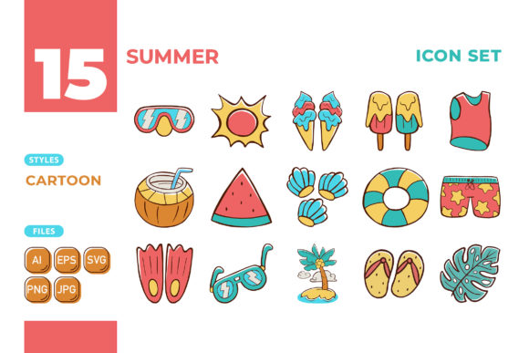 Summer Icon Set Cartoon Style 01