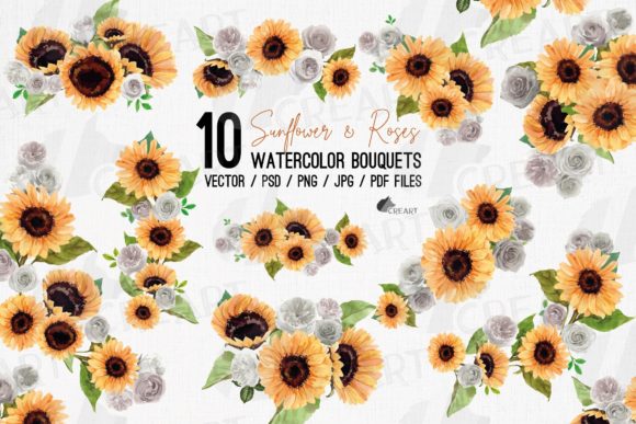 Sunflower and White Rose Design Bouquets: Graphics for Crafts