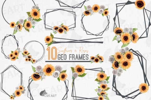 Sunflower and White Roses Geo Grey Frame: Graphics for Print Templates