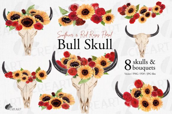 Sunflowers Red Roses Floral Bull Skull