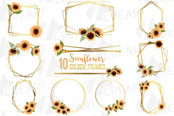 Watercolor Sunflower Gold Wire Frames: Graphics for Print Templates