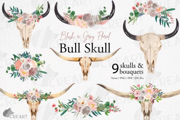 Watercolour Blush Grey Floral Bull Skull Graphics