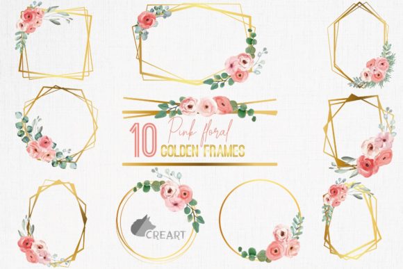 Wedding Invitation Golden Flower Frames: Graphics & Print Templates