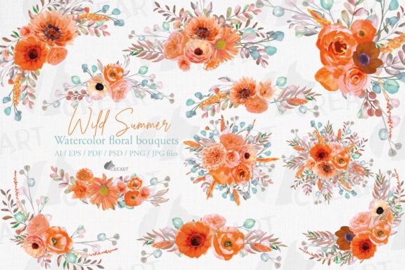 Wild Summer Orange Floral Bouquets Art: Graphics for Print Templates